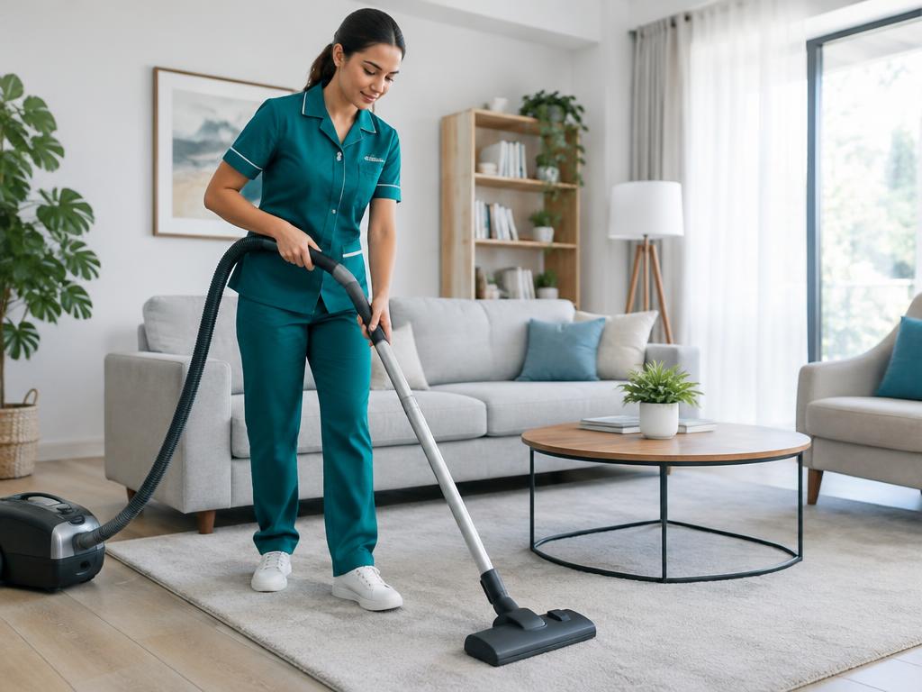 Cleaner in a teal uniform vacuuming a bright, tidy living room